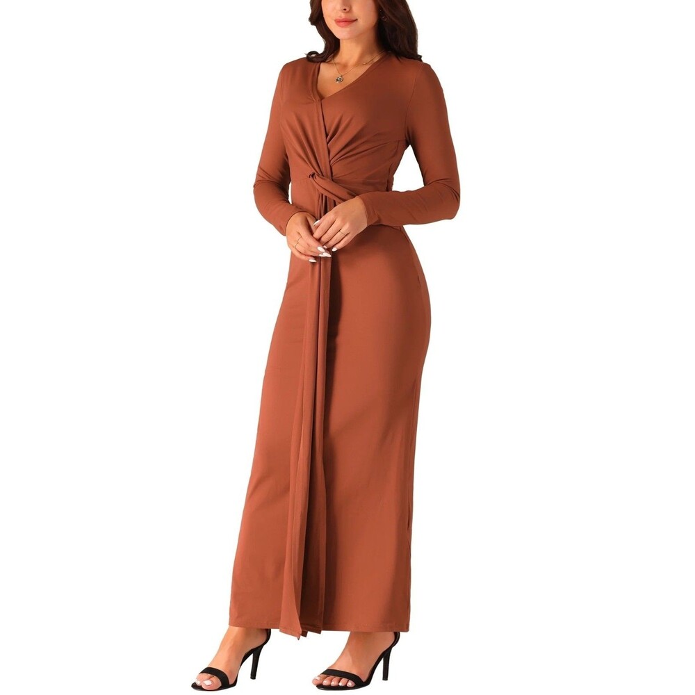 HALARA Long Sleeve V-Neck Faux Wrap Bodycon Maxi Dress S Brick Red NEW B80